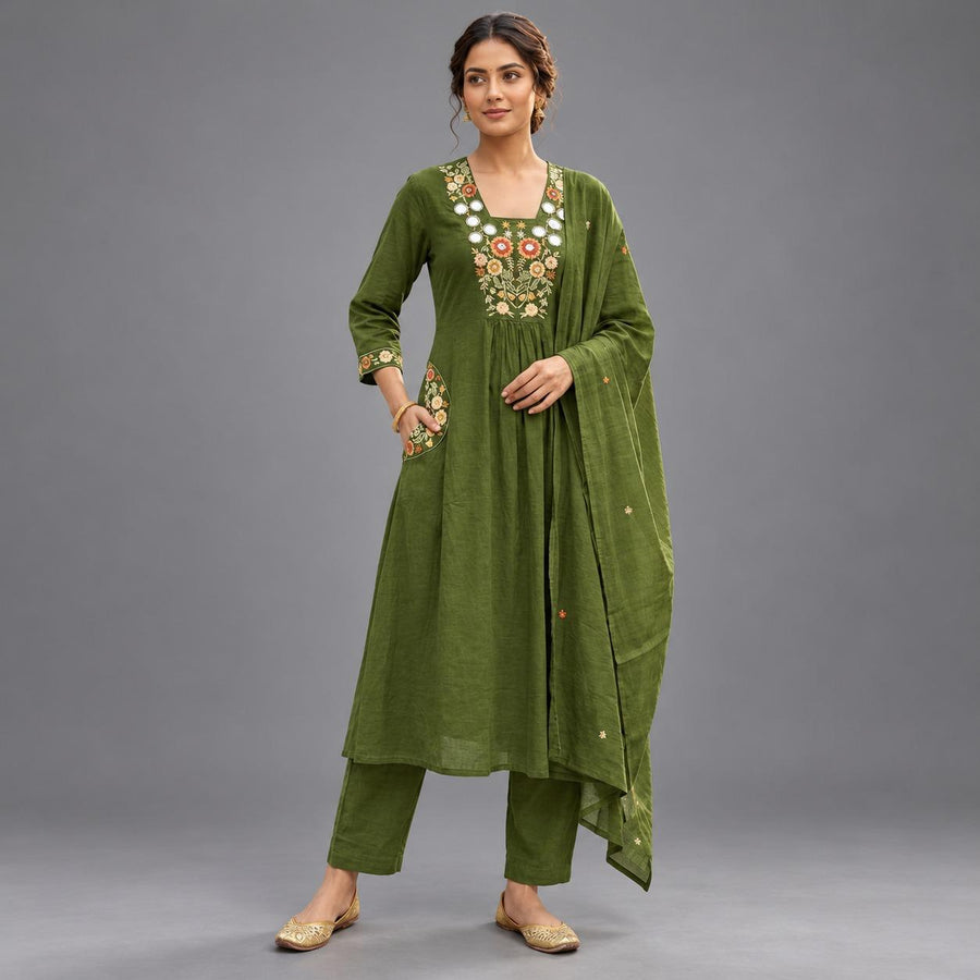 Olive Embroidered Straight Kurta Set - Grua women's ethnic wear