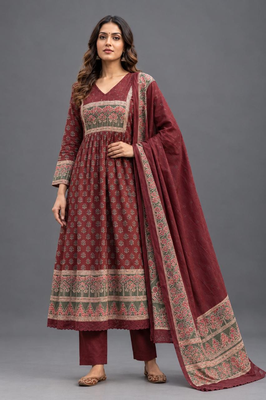 Maroon Heritage Anarkali Dupatta Set - Grua women's ethnic wear