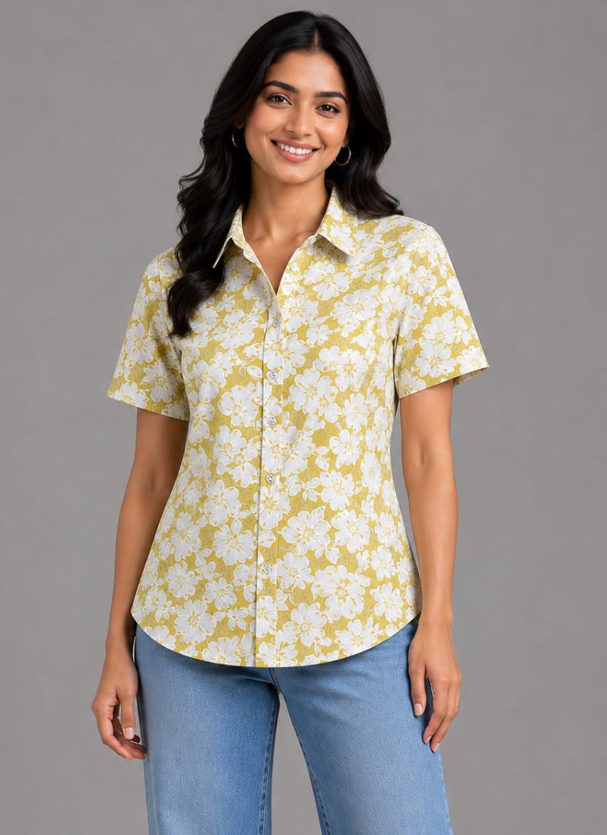 Mustard Yellow Floral Printed Shirt Style Kurti