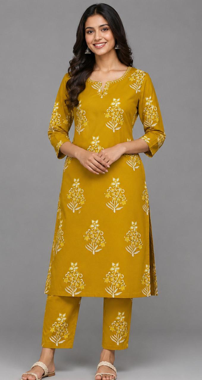 Mustard Yellow Floral Printed Kurti Pant Set
