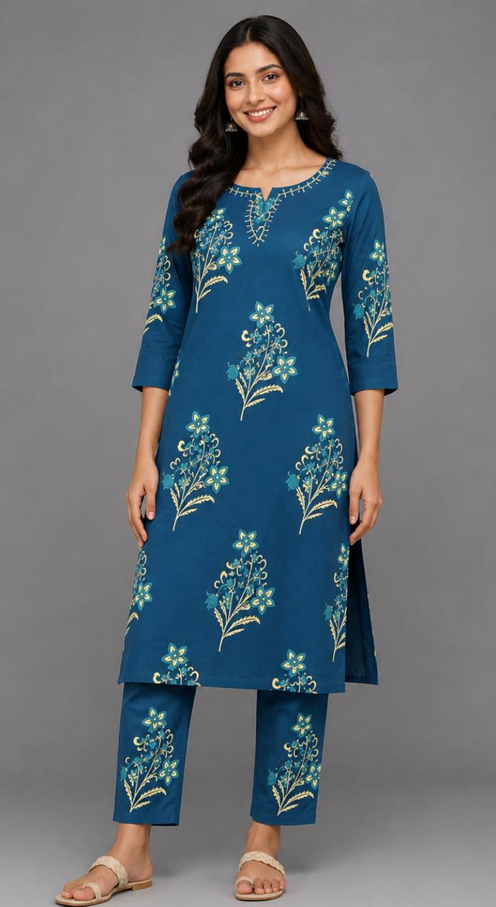 Teal Blue Floral Printed Kurti Pant Set