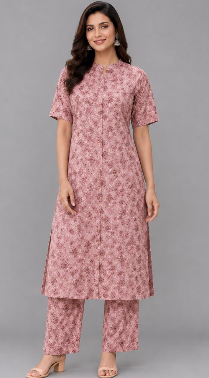Pink Printed Straight Kurti Pant Set