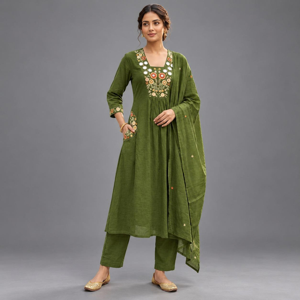 Olive Embroidered Straight Kurta Set - Grua women's ethnic wear
