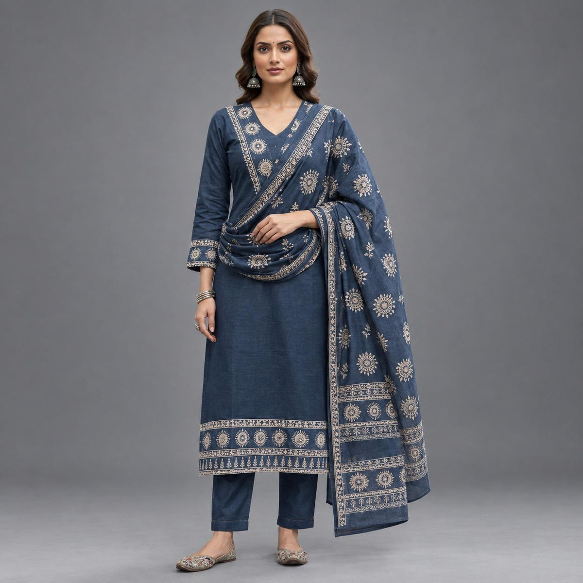 Slate Blue Printed Kurta Dupatta Set - Grua women's ethnic wear