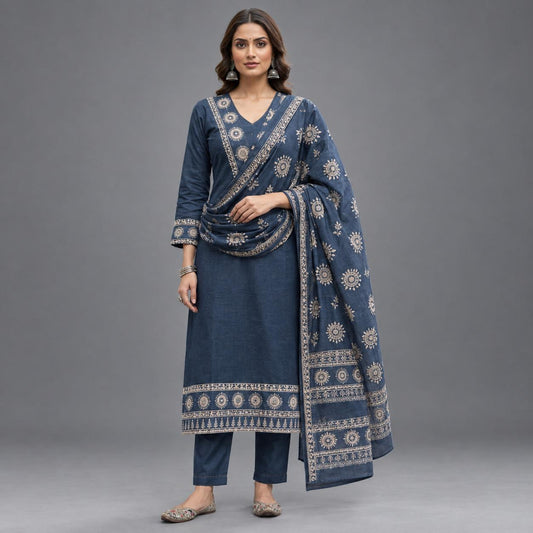 Slate Blue Printed Kurta Dupatta Set - Grua women's ethnic wear