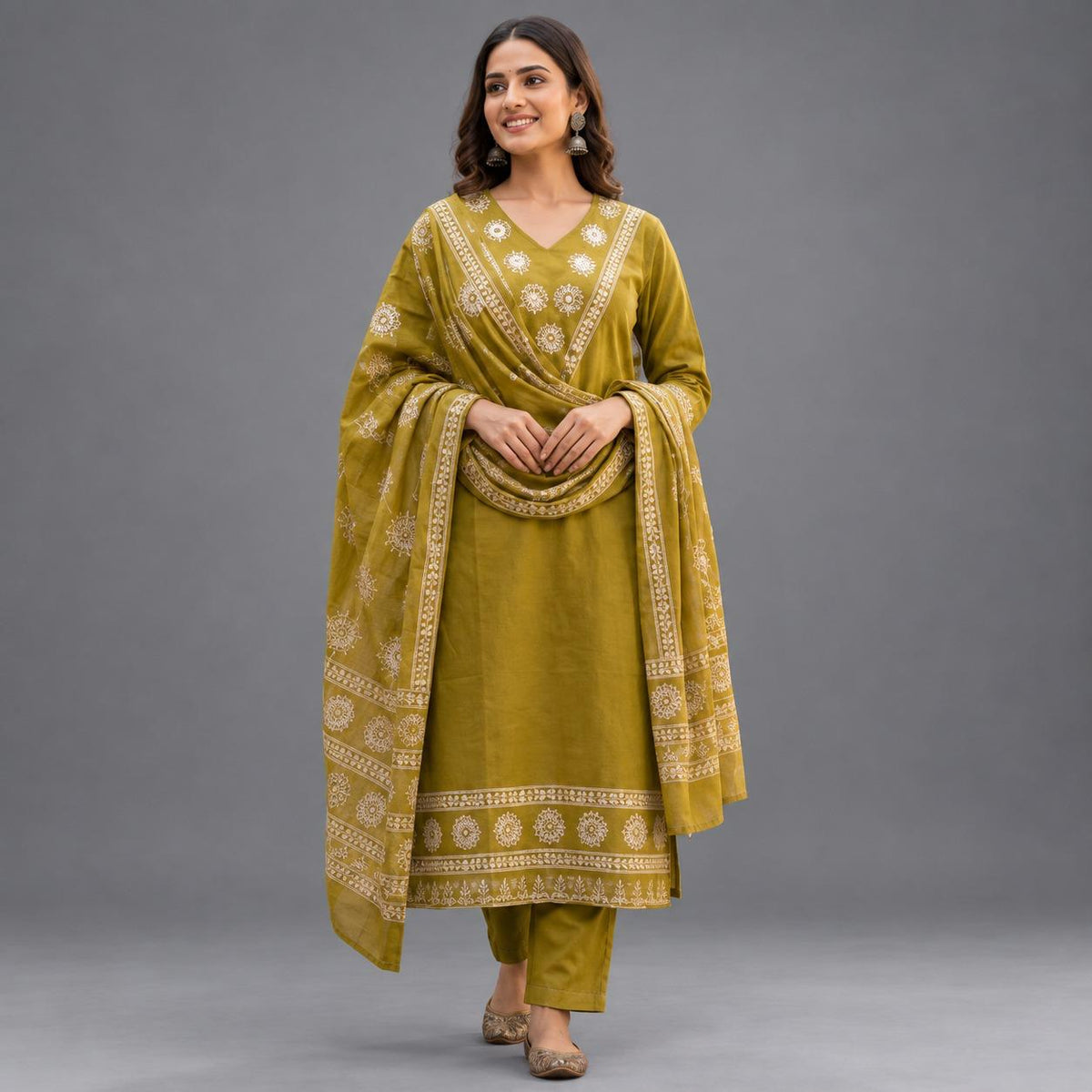 Mustard Motif Kurta Dupatta Set - Grua women's ethnic wear