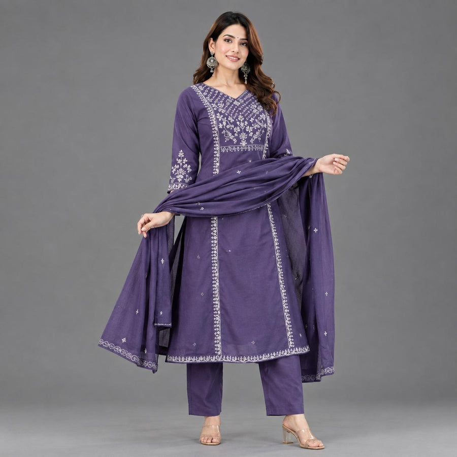 Royal Purple Printed Kurta Pant Dupatta Set - Grua women's ethnic wear