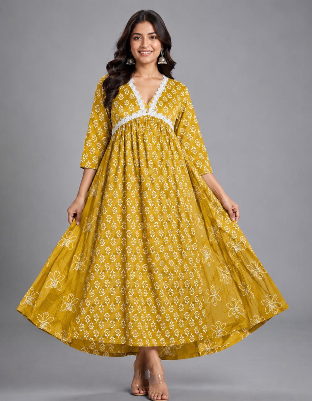 Mustard Printed Flare Dress - Grua women's ethnic wear