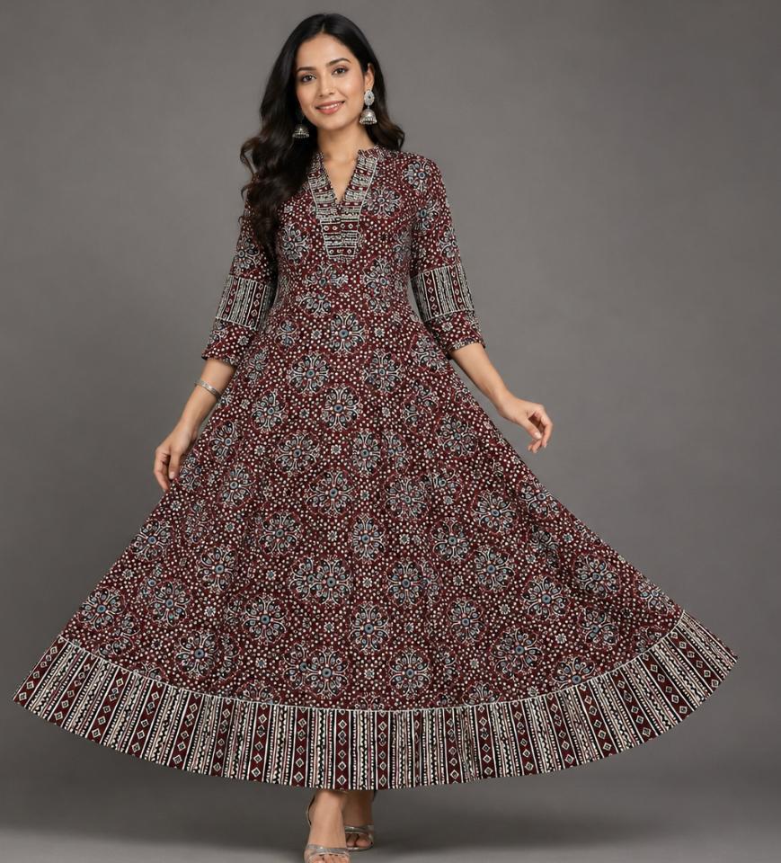 Maroon Printed Flare Dress - Grua women's ethnic wear