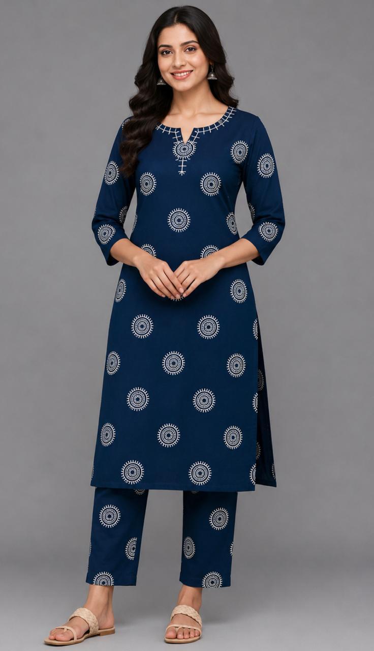 Navy Printed Kurta Pant Set - Grua women's ethnic wear