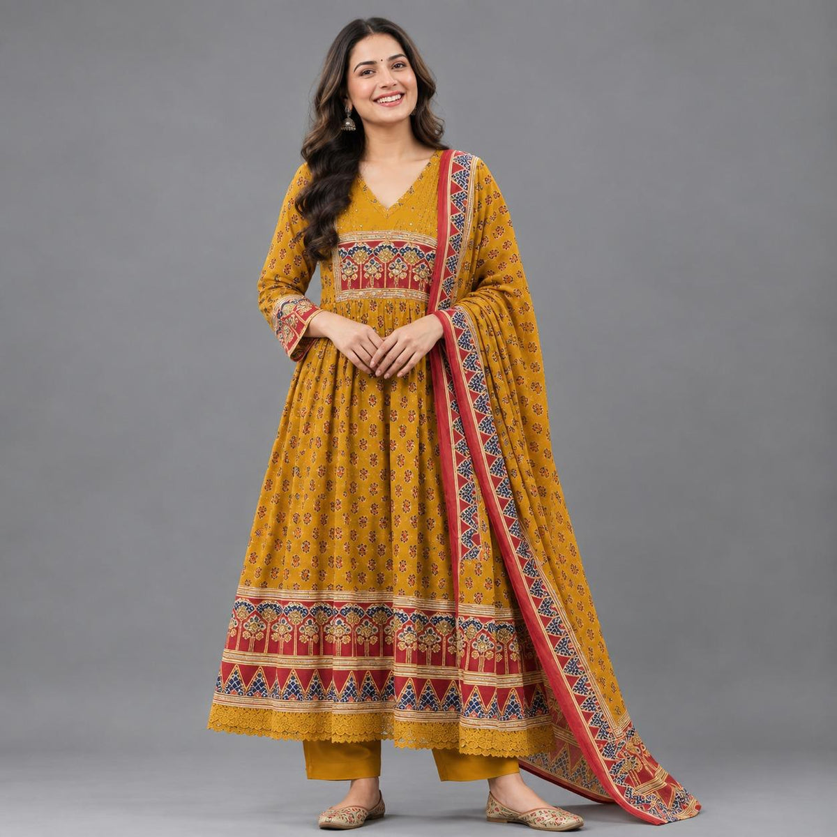 Saffron Motif Anarkali Set - Grua women's ethnic wear