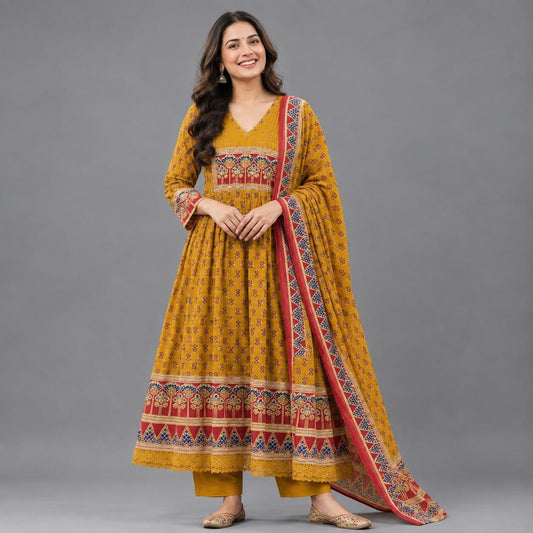Saffron Motif Anarkali Set - Grua women's ethnic wear
