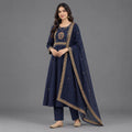 Navy Gold Border Kurta Dupatta Set - Grua women's ethnic wear