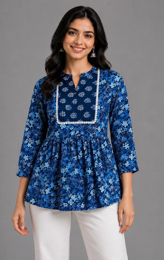 Navy Blue Floral Printed Pleated Short Kurti