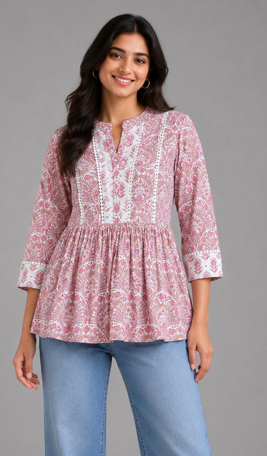 Pink Floral Printed Peplum Short Kurti