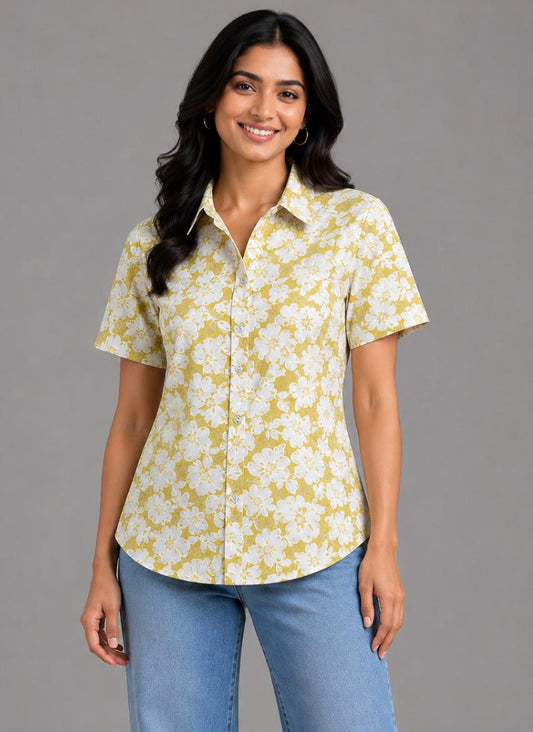 Mustard Yellow Floral Printed Shirt Style Kurti