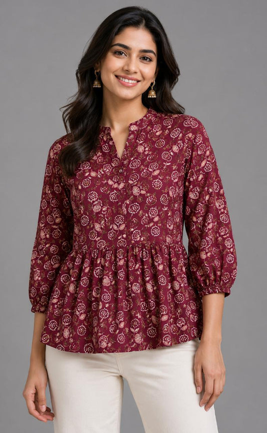 Maroon Printed Flared Anarkali Kurti