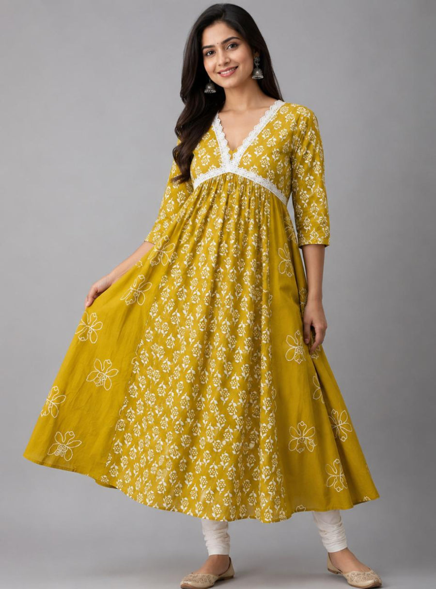 Mustard Yellow Floral Printed Anarkali Kurti