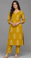 Mustard Yellow Floral Printed Kurti Pant Set