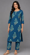 Teal Blue Floral Printed Kurti Pant Set