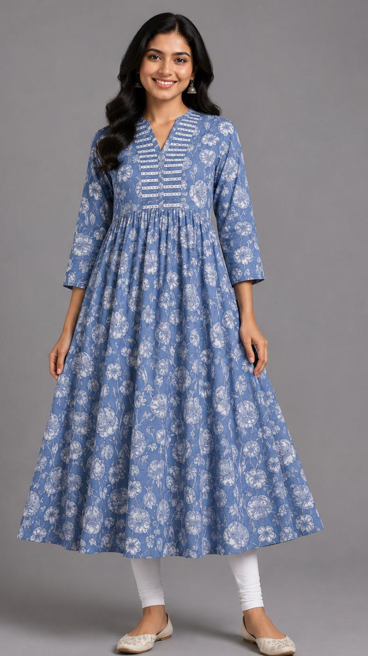 Powder Blue Floral Printed Anarkali Kurti