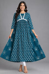 Teal Blue Floral Printed Anarkali Kurti